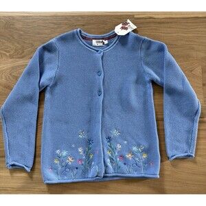 NWT GR8 Kids Girl's Embroidered Flowers Heart Buttons Blue Cardigan 9-10 Yrs